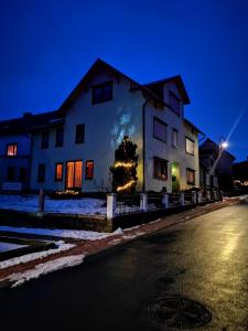 Una casa con un árbol de Navidad a un lado. en Gehlberger Landhaus am Schneekopf / Ferienwohnung en Suhl