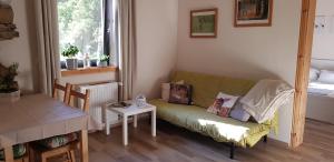 ein Wohnzimmer mit einem grünen Sofa und einem Tisch in der Unterkunft Neumühle Ferienwohnung 2 in Lutzerath