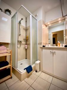 y baño con ducha y lavamanos. en Chambres d'hôtes du Parc Bordelais en Burdeos