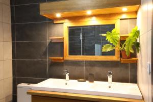 W łazience znajduje się biała umywalka i lustro. w obiekcie Villa Pitaya w mieście Le Tampon