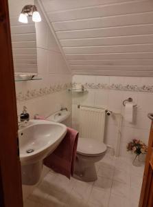 uma casa de banho branca com um lavatório e um WC em P10 Nyaraló em Magyarhertelend
