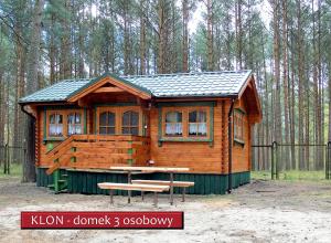 una cabaña de madera con una mesa de picnic delante de ella en Ośrodek Wypoczynkowy Kormoran Niesulice en Niesulice