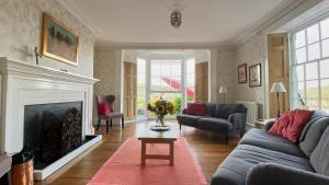 uma sala de estar com um sofá e uma lareira em Bryn Mair em Dolgellau