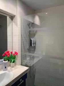 uma casa de banho com um lavatório e um chuveiro com flores vermelhas em La Casa De Papou I em Sant Feliu de Guixols