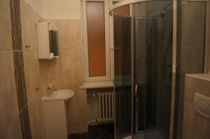 a small bathroom with a shower and a sink at Apartmany Ostrava in Ostrava