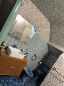 La salle de bains est pourvue d'un lavabo et d'un miroir. dans l'établissement Gîte du centre, à Romorantin-Lanthenay