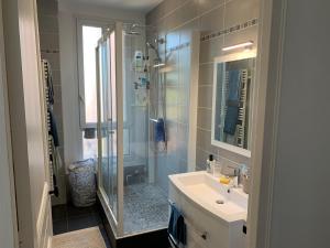 La salle de bains est pourvue d'une douche en verre et d'un lavabo. dans l'établissement Appartement tout confort à 10 min de La Défense, à Colombes