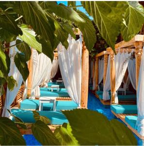 a row of blue chairs with white curtains at Elixir Hotel in Kalkan
