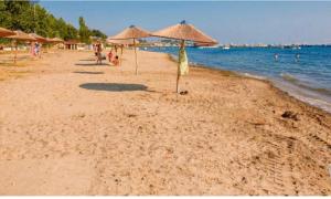 una spiaggia con ombrelloni e persone in acqua di Blue studio a Néa Michanióna