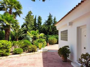 a house with a driveway and palm trees at Villa with Private Pool, BBQ, Fitness Center & Sauna in San Vicente del Raspeig