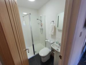 een badkamer met een douche, een toilet en een wastafel bij North Cambridge Guesthouse by Payman Club in Cambridge