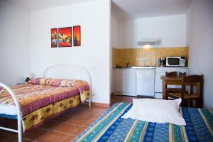 カスティヨン・デュ・ガルにあるAppartements " Le Clos De La Cerisaie"のベッド2台とキッチンのある小さな部屋