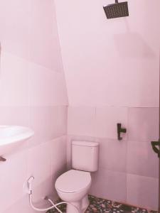 a pink bathroom with a toilet and a sink at Mercy Cottage in Langgur
