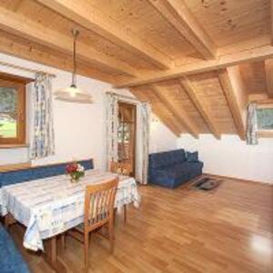 salon ze stołem i niebieską kanapą w obiekcie Tinahof w mieście Selva di Val Gardena