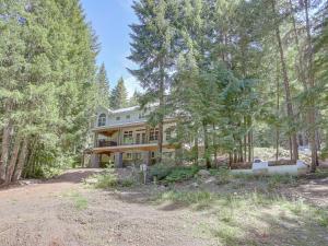 una casa grande en el bosque con árboles en The Coho Lodge at Government Camp - Meredith Lodging, en Government Camp