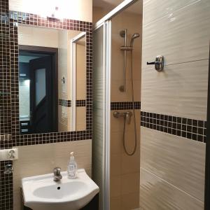 a bathroom with a sink and a shower with a mirror at Center Apartment in Warsaw