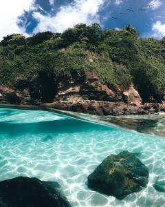 una piscina de agua azul junto a una playa en Saboga Lodge, en Panamá