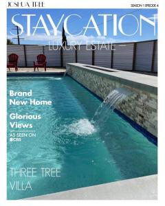 a magazine cover of a swimming pool with a fountain at THREE TREE VILLA w/ EV Charging in Yucca Valley