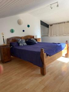 a bedroom with a large bed with purple sheets and pillows at Eden in Le Thor +9 photos