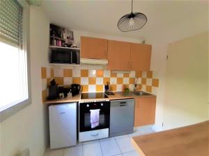 cocina con fogones y fregadero en 2 Bedrooms Confortable Wifi FIBRE ALL EQUIPMENT Provided Near Airbus Alten Expleo Thales Sopra, en Toulouse