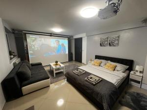 a bedroom with a large bed and a projection screen at Apartament PLAY in Pietrzykowice