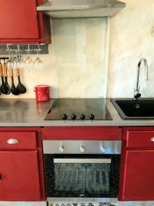 a red kitchen with a stove and a sink at Gîte l'Echappée belle in Castelnau-Pégayrols