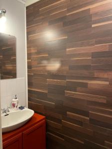 a bathroom with a sink and a wooden wall at Prinsgården B&B rum stugor in Mora