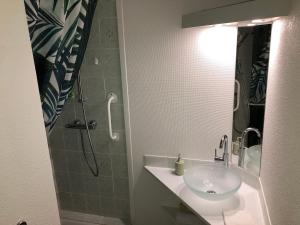a bathroom with a sink and a shower at L'étape, Appartement près voie verte, randonnées in Pouilly-sous-Charlieu +11 photos