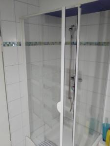 La salle de bains est pourvue d'une douche et de carrelage blanc. dans l'établissement Haus Vogelparadies, à Hemhofen