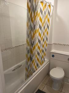 a bathroom with a toilet and a shower curtain at The Court in Stone Grove