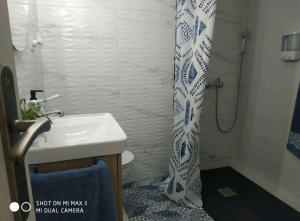 baño con lavabo y cortina de ducha en GRAN CANARIA Oasis La Guancha, en Gáldar