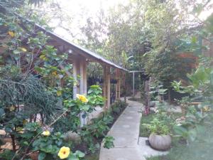 un jardín con un camino que conduce a una casa en montecarlos hotel, en Ibagué