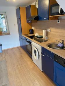 eine Küche mit einer Waschmaschine und einem Waschbecken in der Unterkunft Ferienhaus zum Ulfenbachtal in Wald-Michelbach