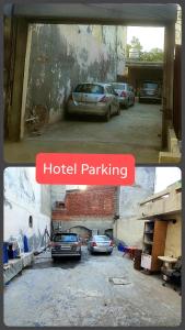 due foto di auto parcheggiate in un parcheggio di Hotel Amritsar Inn ad Amritsar