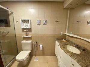 ein Bad mit einem WC, einem Waschbecken und einer Dusche in der Unterkunft LUXUOSO APT ALMERIS PECCIN no Centro de GRAMADO in Gramado