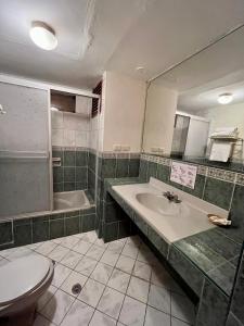 a bathroom with a sink and a toilet and a mirror at Hotel Vilandre in Cusco