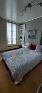 a large bed in a room with two windows at Appartement coquet sur les hauteurs de Montmartre in Paris