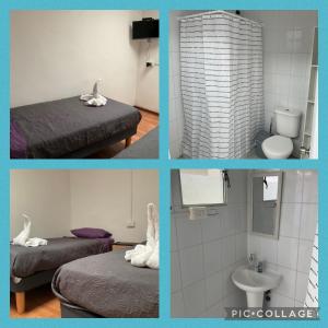 a collage of pictures of a room with a bed and a bathroom at Hostal Viña Del Mar in Taltal