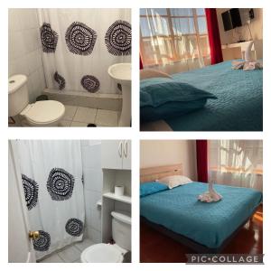 three pictures of a bathroom with a bed and a shower at Hostal Viña Del Mar in Taltal