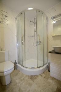 a bathroom with a shower and a toilet and a sink at Cranbrook Hotel in Ilford +31 photos