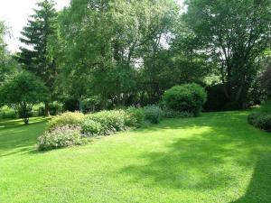 un cortile con prato verde, fiori e alberi di Ferienhaus Daniels a Wirtzfeld