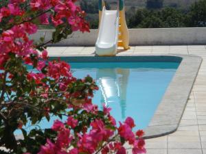 a swimming pool with a water slide and pink flowers at Casa da Malta do Monte dos Arneiros in Lavre
