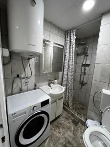 een badkamer met een wasmachine en een wastafel bij Stefanoski Apartments in Skopje