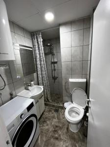 a bathroom with a toilet and a sink and a washing machine at Stefanoski Apartments in Skopje