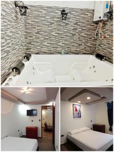two pictures of a room with two beds and a brick wall at Apartamento turístico jardín Antioquia in Jardin