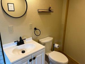 a bathroom with a sink and a toilet and a mirror at Bristlecone Yurt at Aspen Ridge Cabins in South Fork
