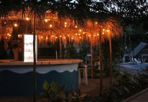 a bar with lights on top of it at night at Hotel HF Hacienda San Francisco in Puente Nacional