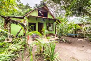 une maison verte avec un hamac en face de celle-ci dans l'établissement casa chilamates, à Tortuguero