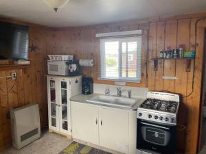 cocina con fregadero y fogones horno superior en Cozy cabin #1 at Aspen Ridge Cabins, en South Fork