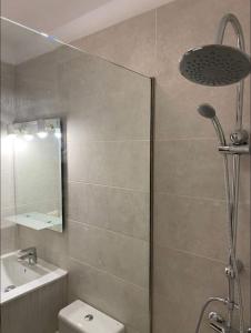 y baño con ducha, aseo y lavamanos. en Apartamento Atlantida, en Santa Cruz de Tenerife